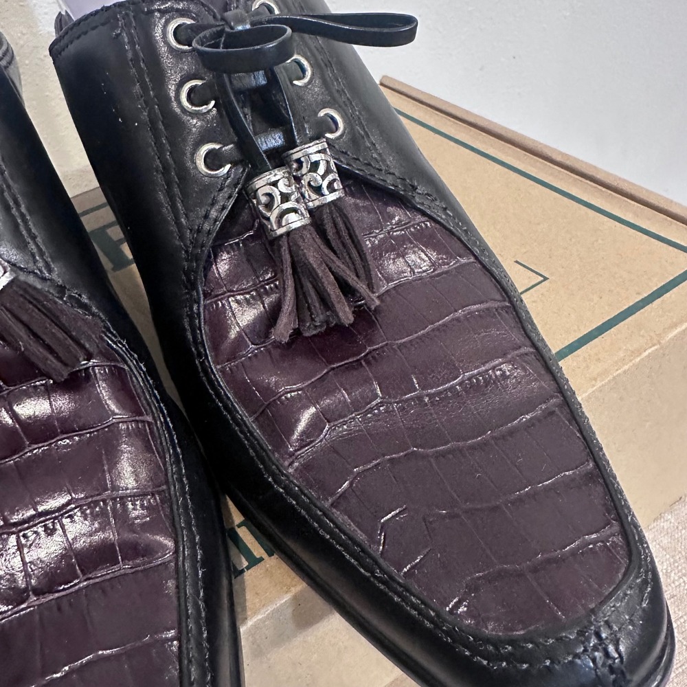 Brighton‎ Tassle Women's Black Leather Embossed Mules Heels Shoes Size 9M - Picture 2 of 9